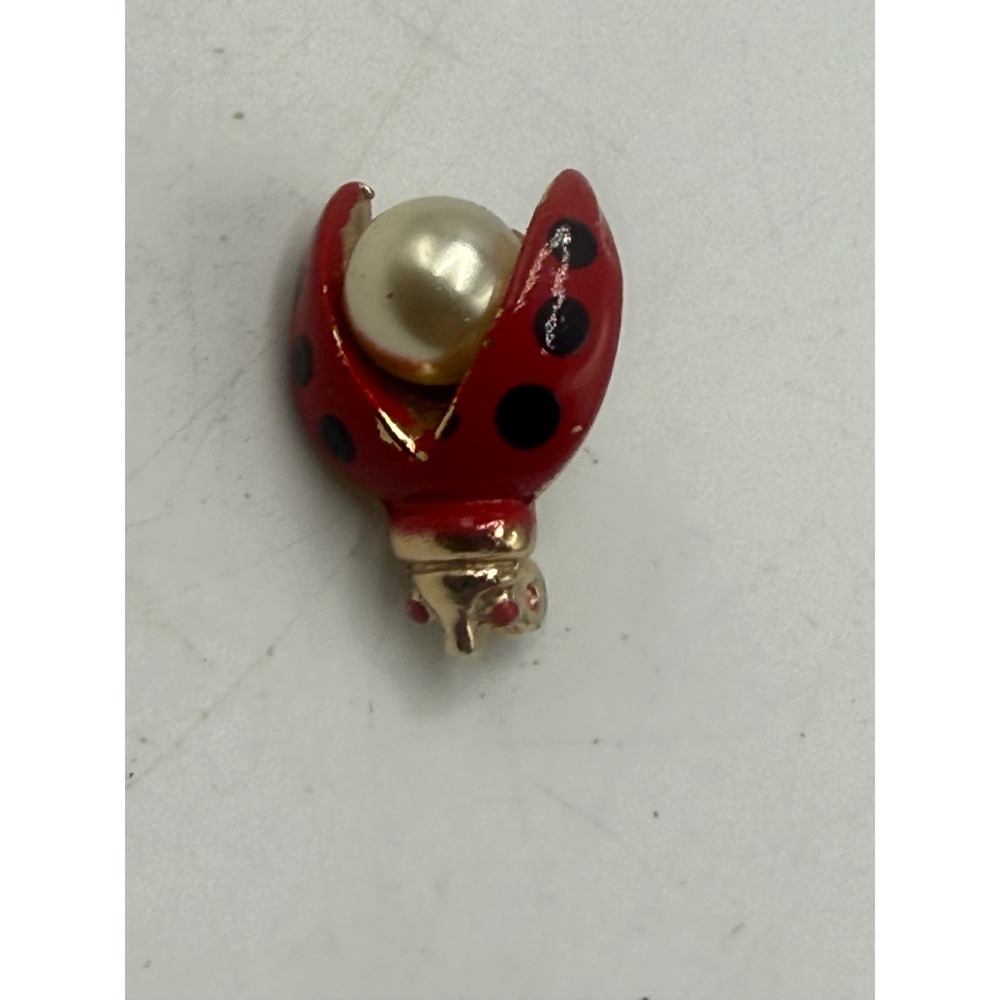 Sarah Coventry Vintage Ladybug Pin Red Enamel Faux Pearl Gold Tone Brooch